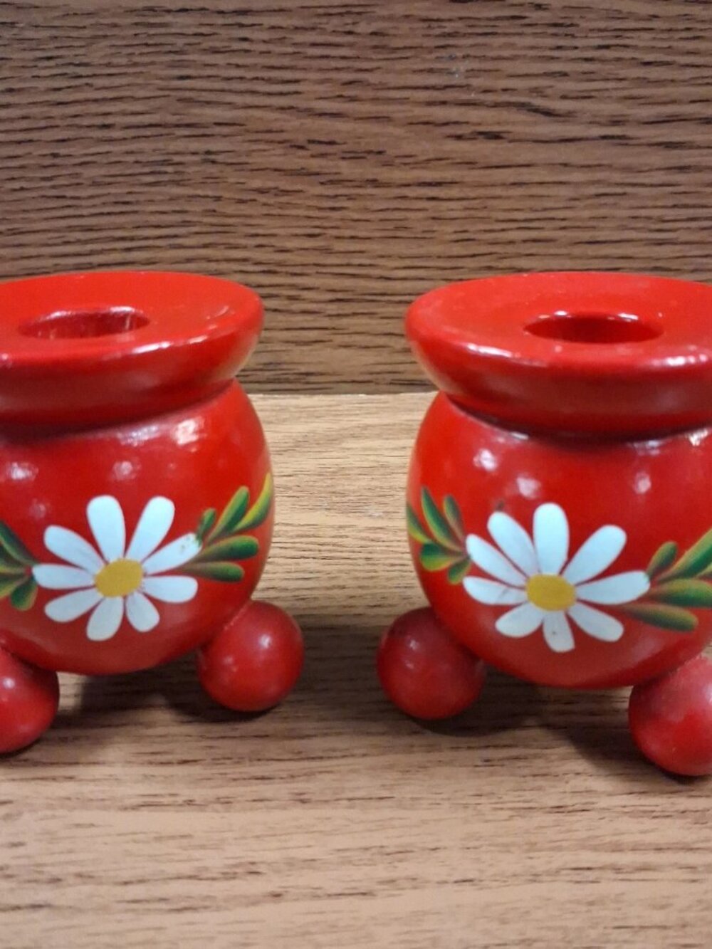 2 Vintage 2.5" Swedish Folk Art Red Wooden Candle Holders Mini MCM Flower Sweden